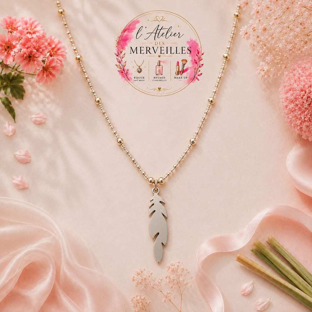 Collier plume acier inoxydable