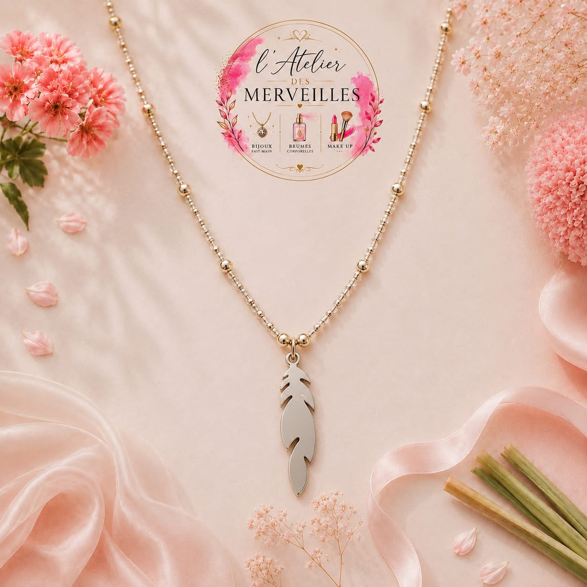 Collier plume acier inoxydable
