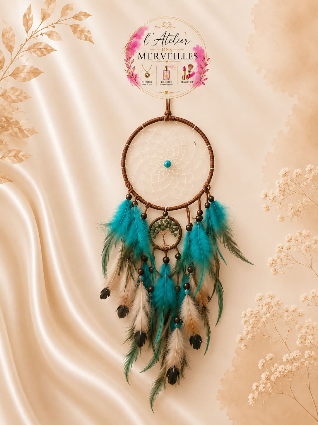 🌙 Attrape-Rêves Brun & Turquoise – Harmonie & Spiritualité 🌙