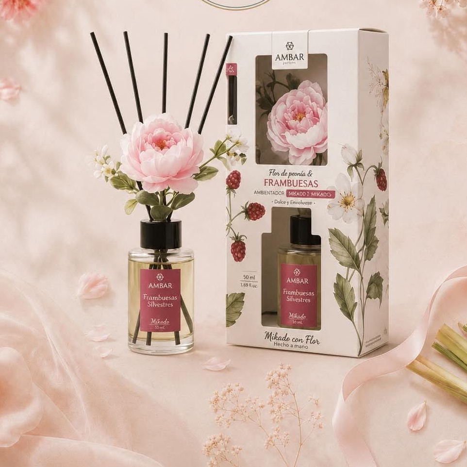 Mikado parfumée framboise 75ml diffuseur a bâtonnets avec fleur décorative