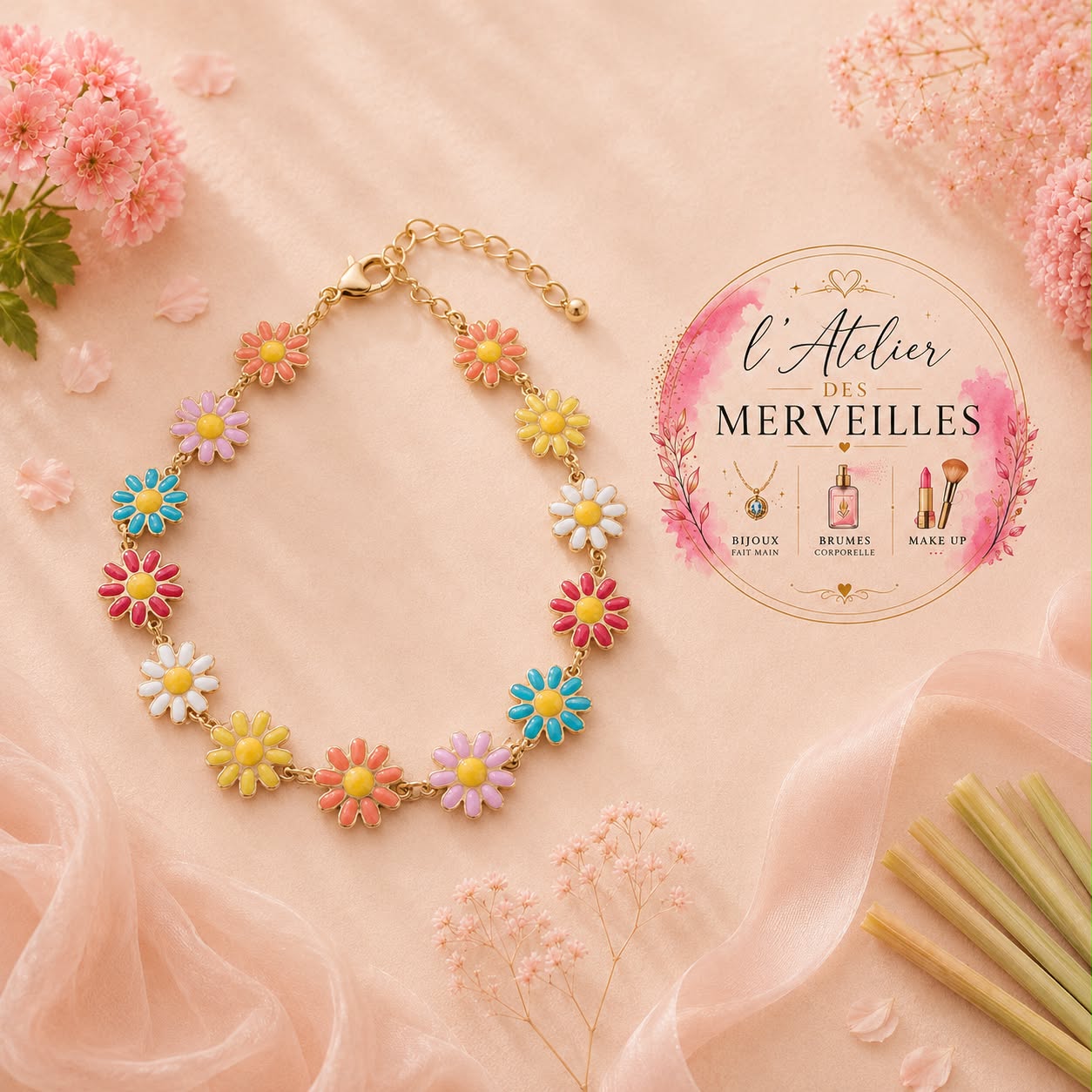 Bracelet fleur acier inoxydable