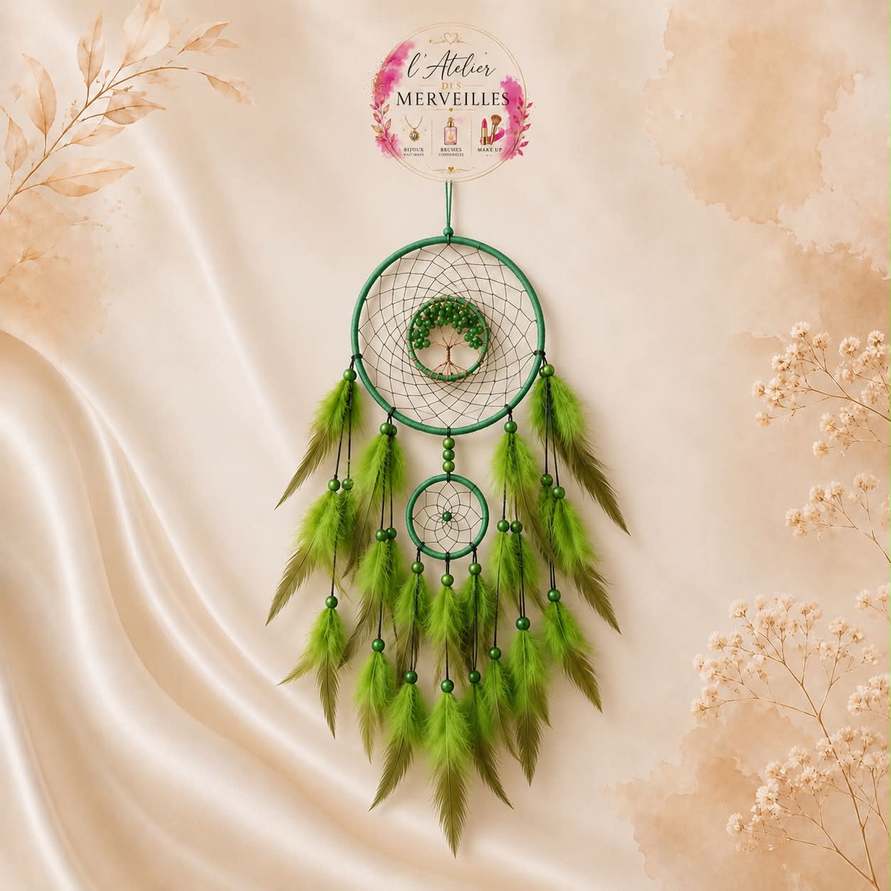 Attrape - rêves double cercle-vert ✨