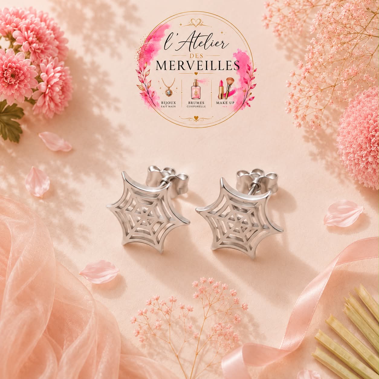 Boucles d'oreilles Stéphanie toile d'araignée acier inoxydable