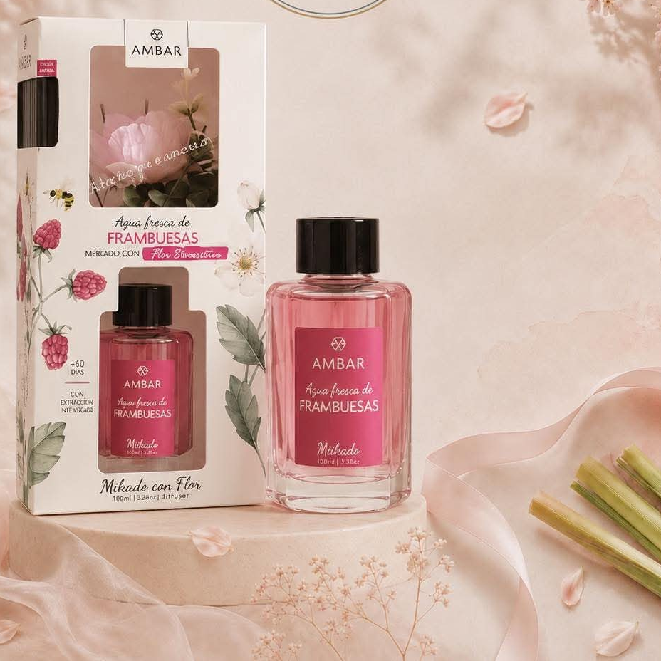 Mikado parfumée framboise 75ml diffuseur a bâtonnets avec fleur décorative